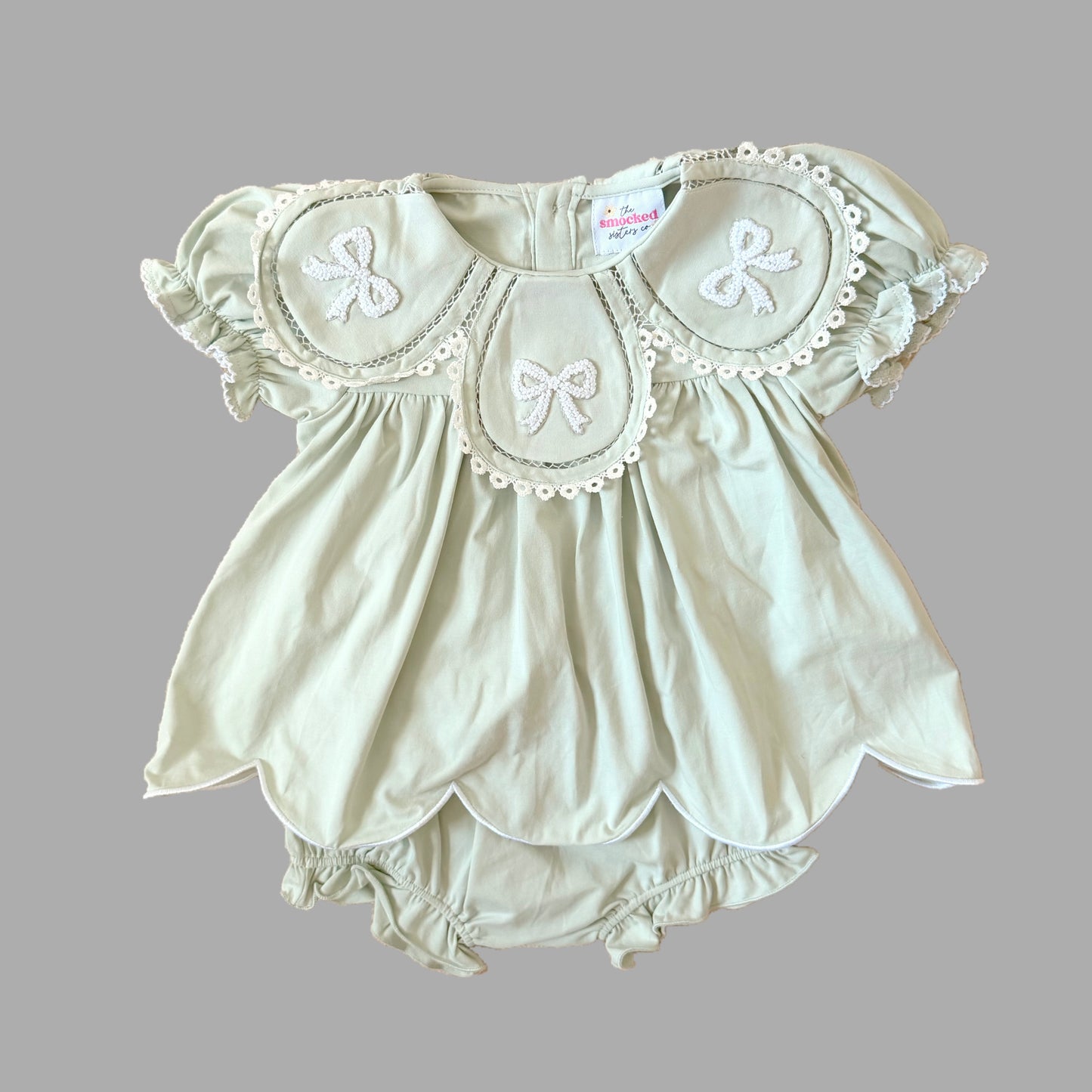 Sage French Knot Bows Petal Neck Diaper Set