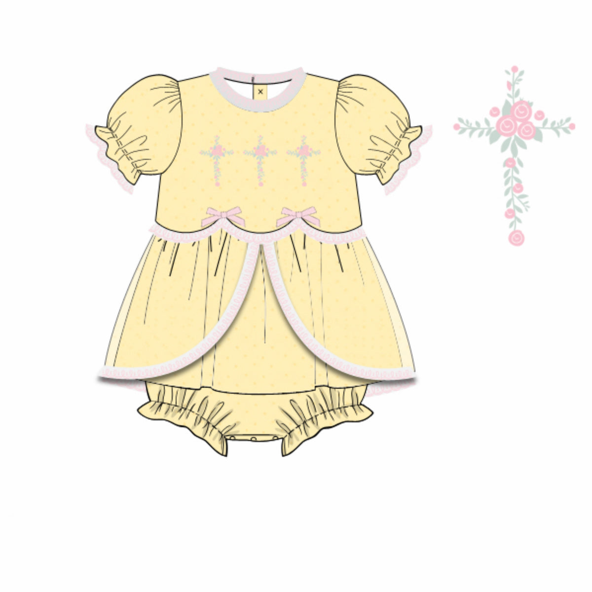 PREORDER: Ivy’s Yellow Bullion Floral Crosses Skirted Bubble (February TAT)