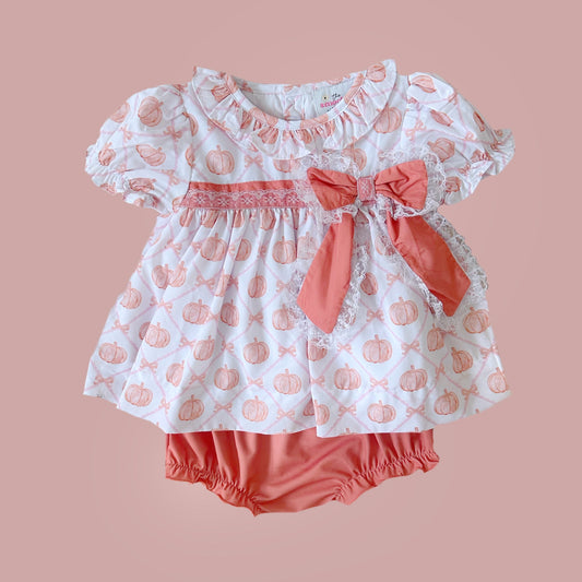 Harvest Pumpkin Lace Bow Diaper Set