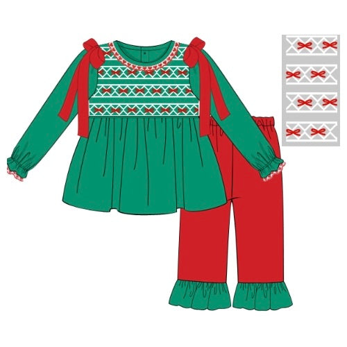 PREORDER: Green Christmas Bows Pants Set (October TAT)