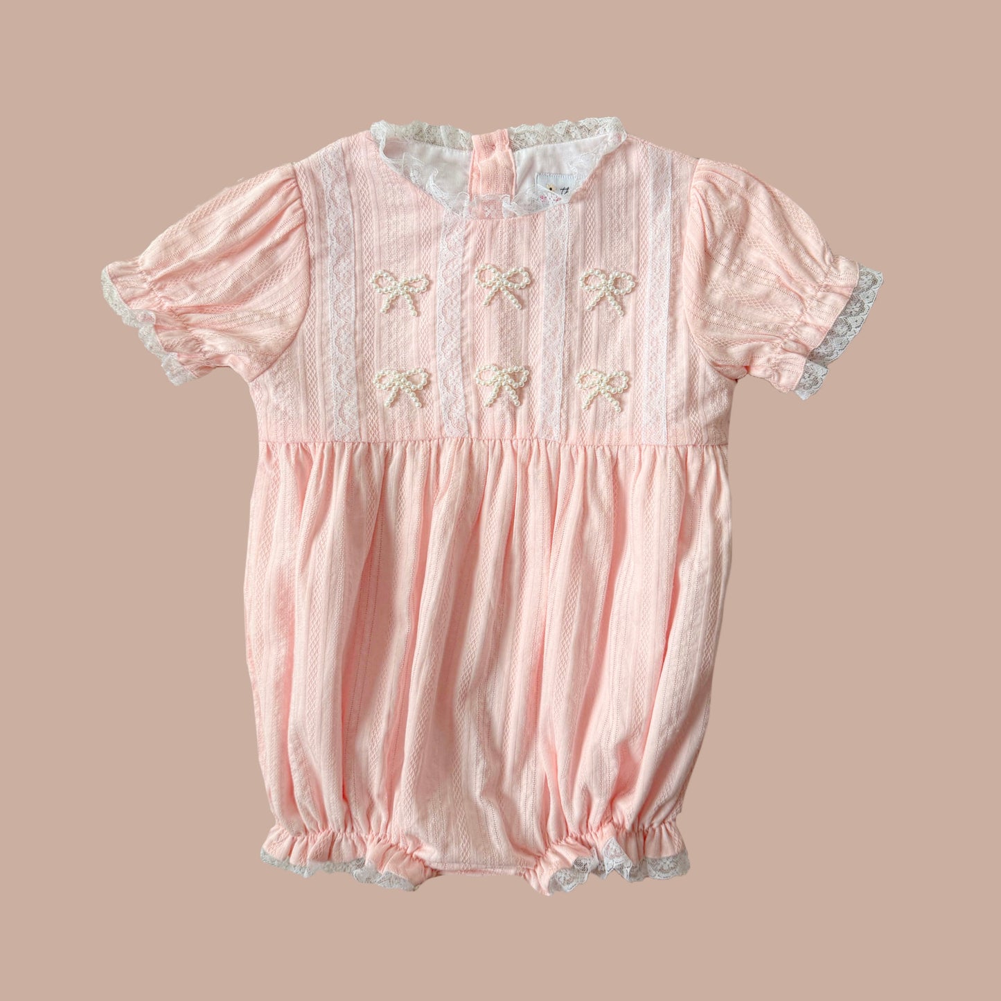 PREORDER: Vintage Pink Linen Lace Pearl Bows Bubble (June TAT)