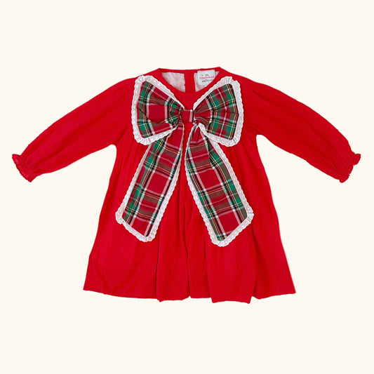 Swiss Dot Plaid Christmas Bow Dress