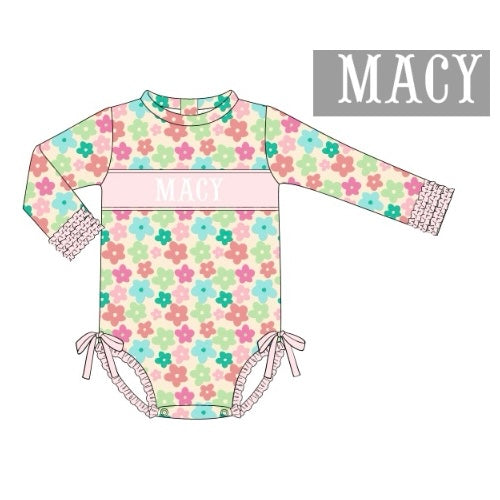 CUSTOM PREORDER: Custom Name Retro Floral Long Sleeve Swimsuit
