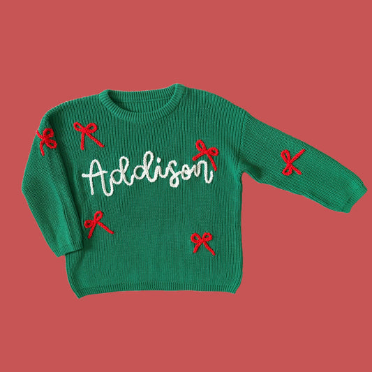 PREORDER: Custom Name Christmas Bow Sweater - Girl (November TAT)