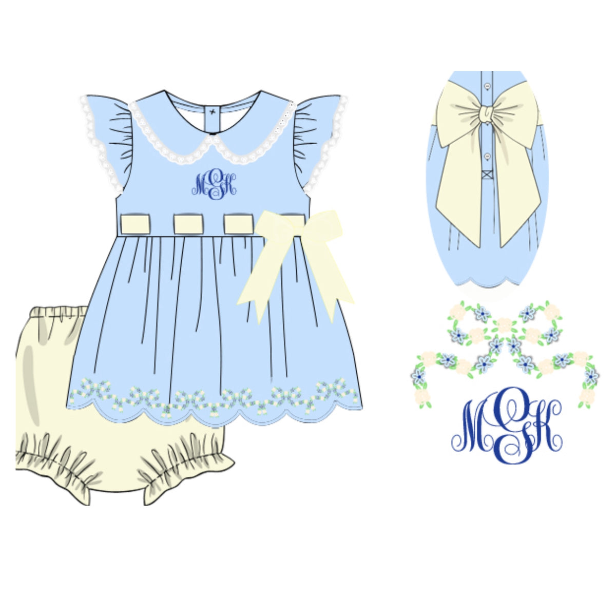CUSTOM PREORDER: Monogram Yellow & Blue Bullion Flowers Diaper Set (February TAT)