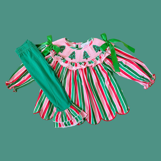 Charlotte’s Christmas Trees and Stripes Pants Set