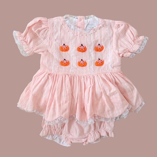 Vintage Pink Linen Pumpkin Pearl Bows Diaper Set