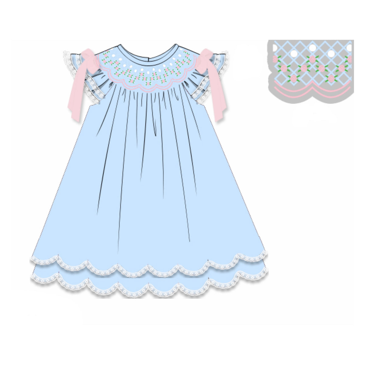 PREORDER: Blue Vintage Rosettes & Pearls Dress (February TAT)