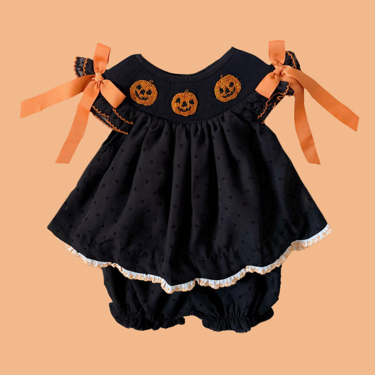 Beaded Jack-O-Lantern Bubble Shorts Set