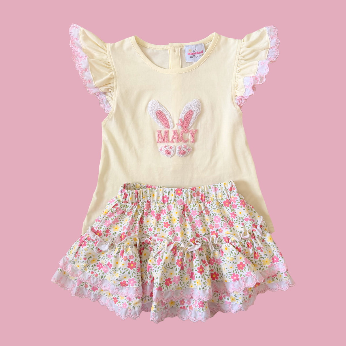 CUSTOM PREORDER: Custom Name French Knot Floral Bunny Skort Set (February TAT)
