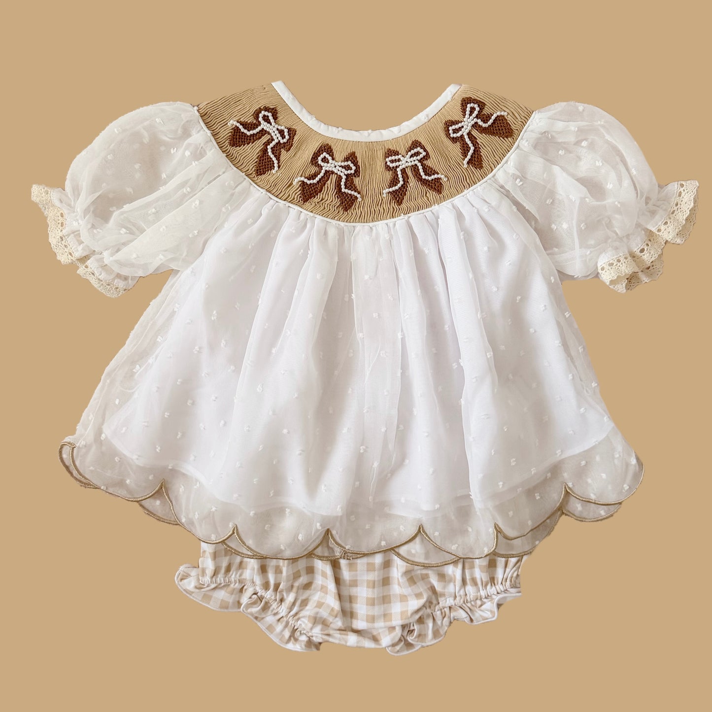 Brown Bows & Pearls Chiffon Diaper Set