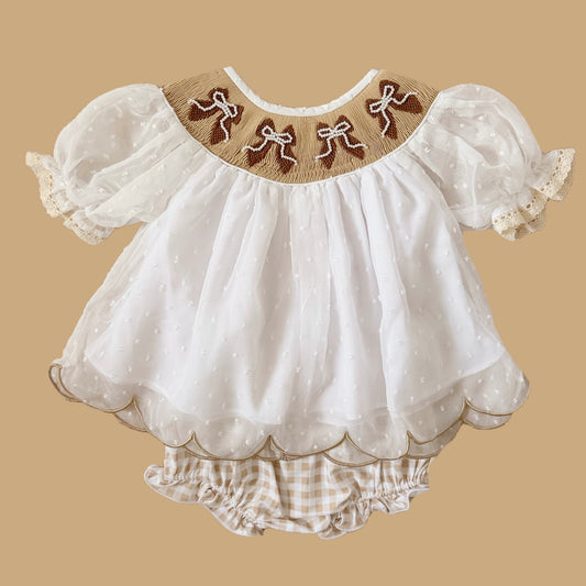 Brown Bows & Pearls Chiffon Diaper Set