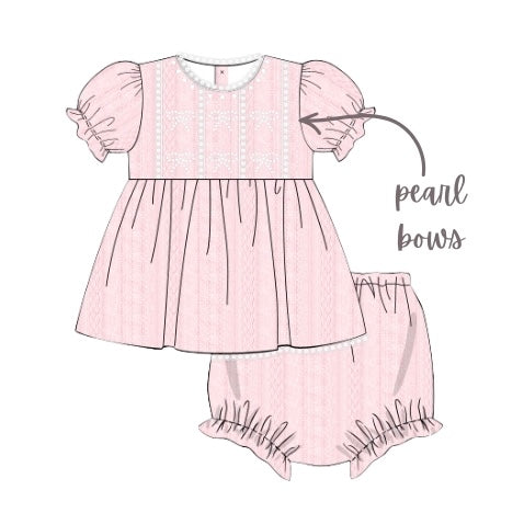 PREORDER: Vintage Pink Linen Pearl Bows Diaper Set (June TAT)