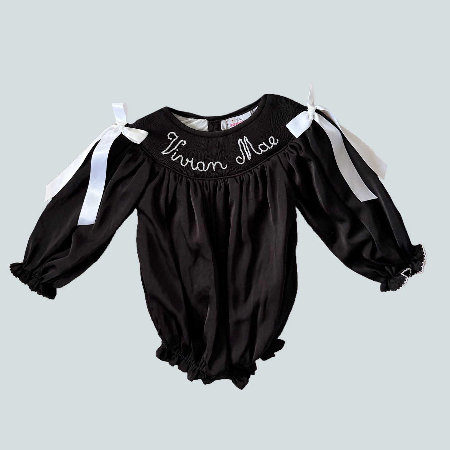 CUSTOM PREORDER: Custom Pearl Name Black Satin Bubble (November TAT)
