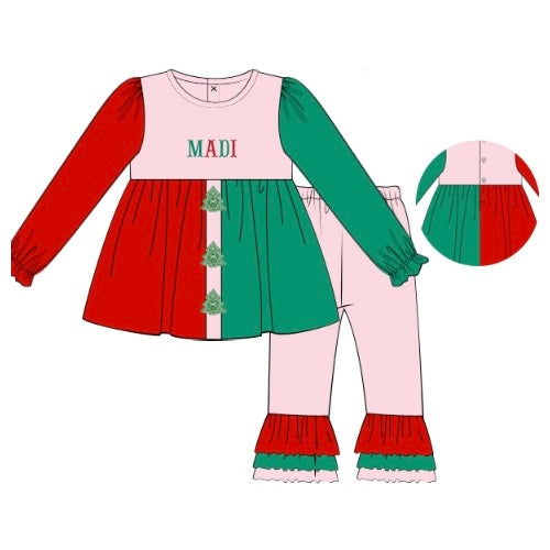 CUSTOM PREORDER: Christmas Color Block French Knot Name Legging Set (October TAT)