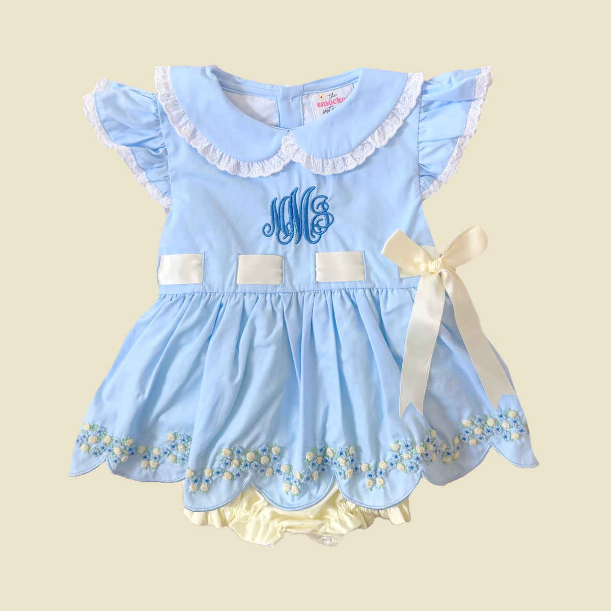 CUSTOM PREORDER: Monogram Yellow & Blue Bullion Flowers Skirted Bubble (February TAT)