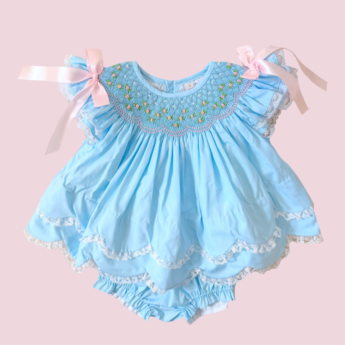 PREORDER: Blue Vintage Rosettes & Pearls Diaper Set (February TAT)