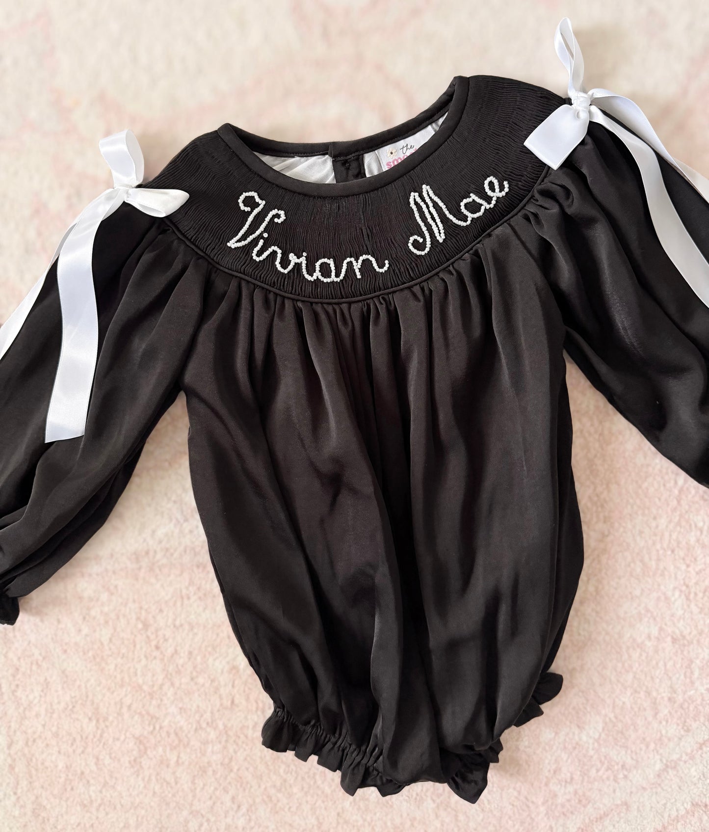 CUSTOM PREORDER: Custom Pearl Name Black Satin Bubble (November TAT)
