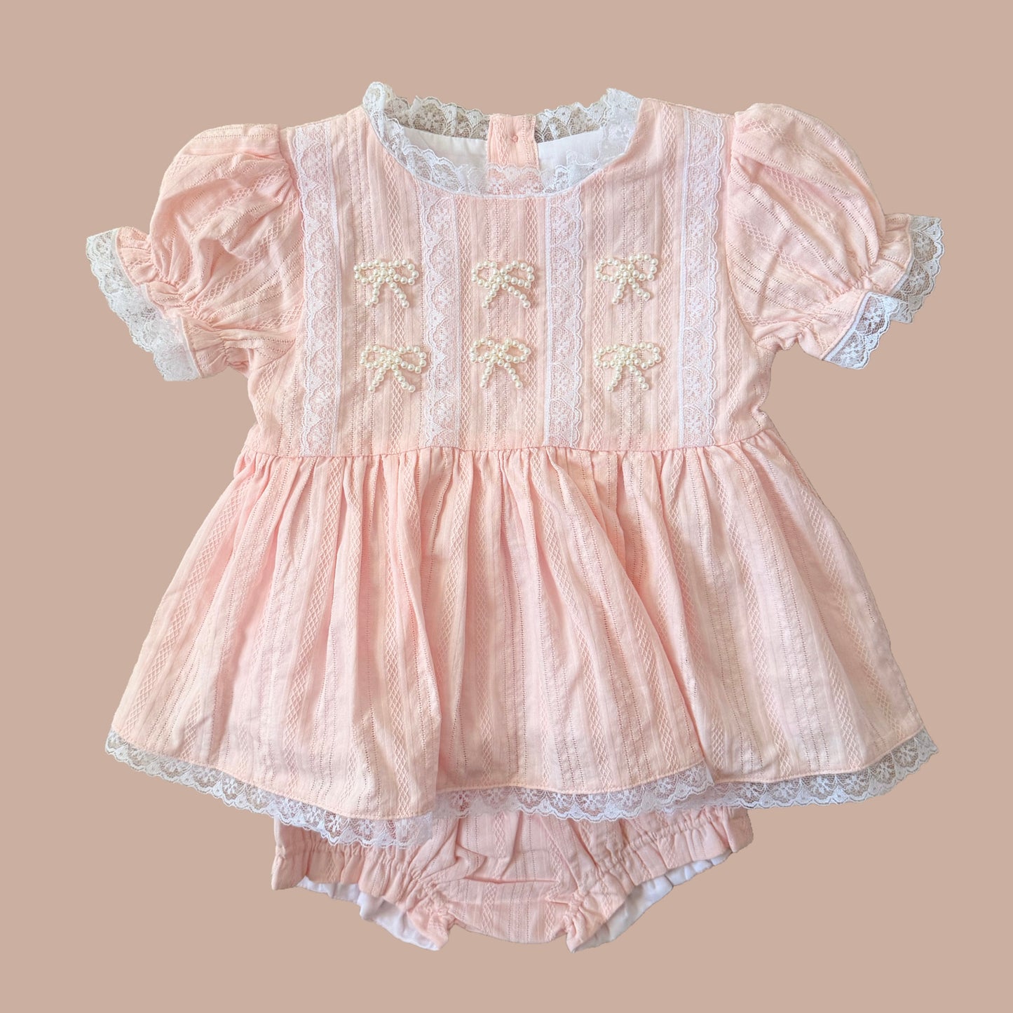 Vintage Pink Linen Pearl Bows Diaper Set