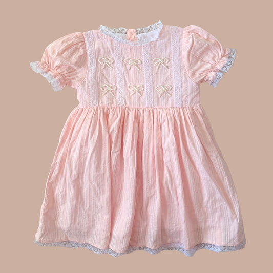 Vintage Pink Linen Pearl Bows Dress