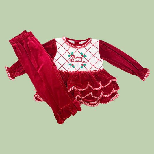 Merry Christmas Velvet Tiered Pants Set
